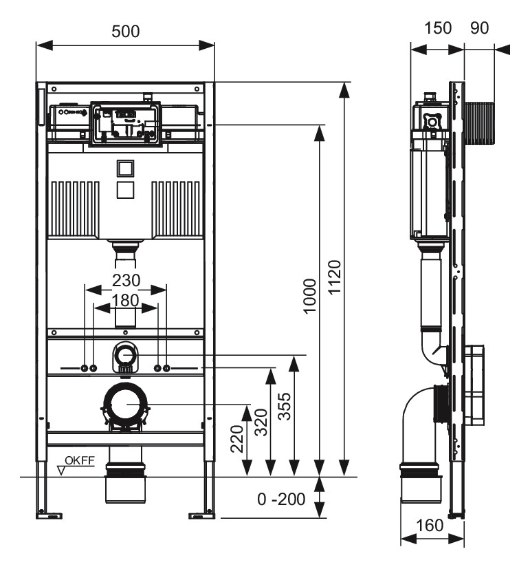 TECE WC-Modul TECEprofil 1120 mm, mit Uni-Spülkasten, mit integrierter Hygienespülfunktion Kaltwasser