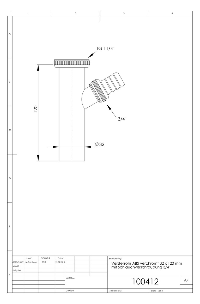 ASW Verstellrohr 32 x 200 mm, Edelstahl verchromt, mit Einlauf 45Grad, mit Schlauchverschraubung 3/4"
