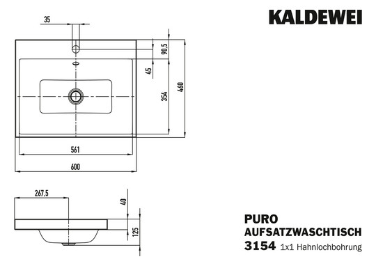Kaldewei Aufsatz-Waschtisch PURO 3154, 60 x 46 cm, weiß Perl-Effekt, mit Überlauf, 1 Hahnloch