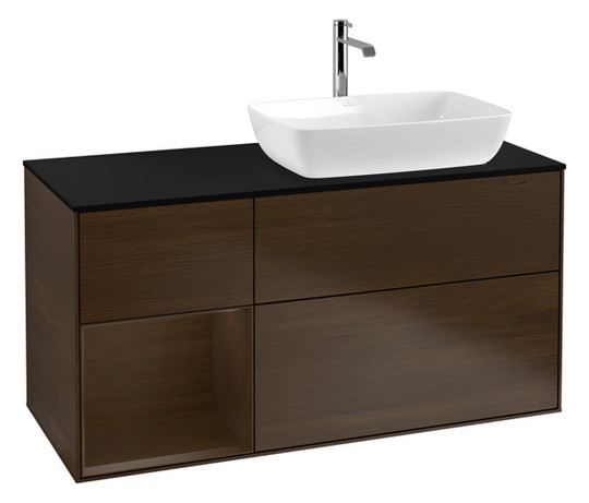 V&B Waschtisch-Unterschrank Finion 120cm, Abdeckplatte black matt, Regal Walnut Veneer, Walnut veneer