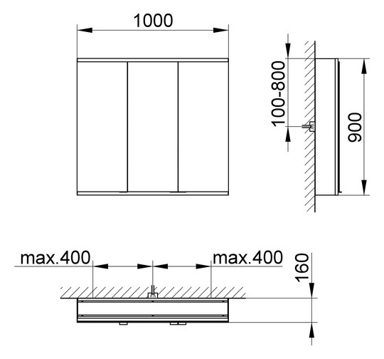 KEUCO Spiegelschrank Royal Modular 2.0 1000 x 900 x 160 mm, ohne Steckdose, Wandvorbau, 3 Türen