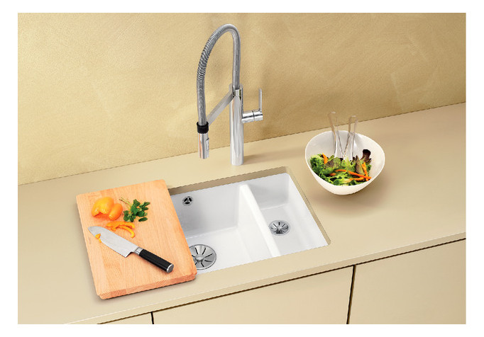 Blanco Becken Subline 350/150-U 56,7 x 45,6 cm, Keramik PuraPlus magnolia glänzend, Hauptbecken links, ohne Ablauffernbedienung