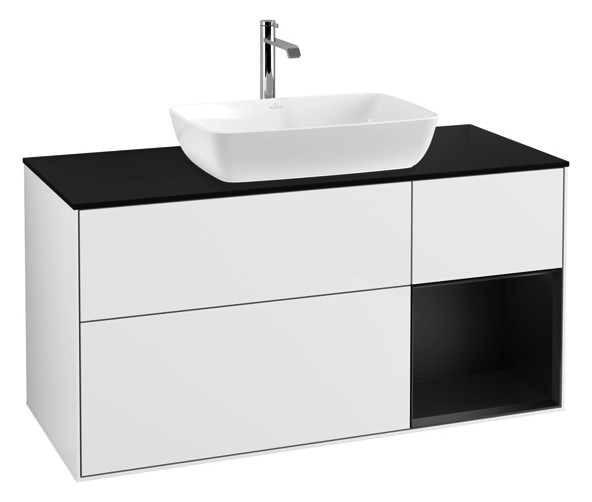 V&B Waschtisch-Unterschrank Wandbeleuchtung Finion 120cm, Abdeckplatte black matt, Regal Black matt lacquer, Glossy white lacquer