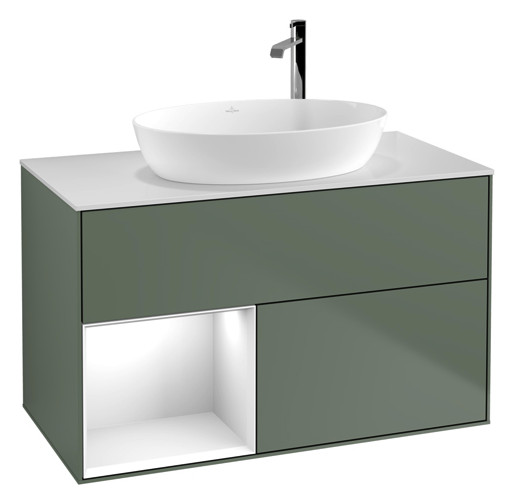 V&B Waschtisch-Unterschrank Finion 100cm, Abdeckplatte white matt, Regal Glossy white lacquer, Olive Matt Lacquer
