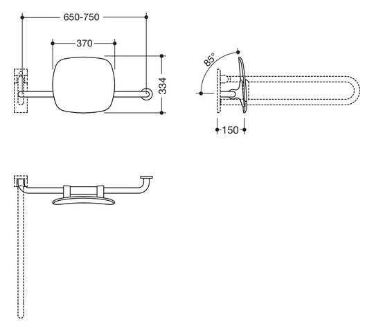 HEWI Rückenstütze 801 Wandabstand 150mm, Ausführung rechts, matt, Lehne tiefschwarz, reinweiß