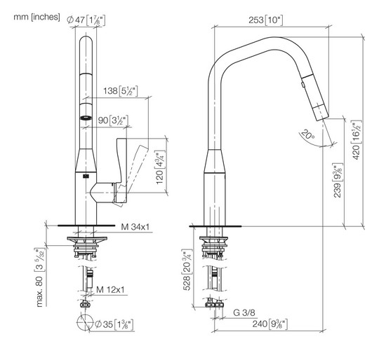 Dornbracht Spültisch-Einhebelmischer Sync Pull-down herausziehbar, mit Brausefunktion, Ausladung 240mm, Platin