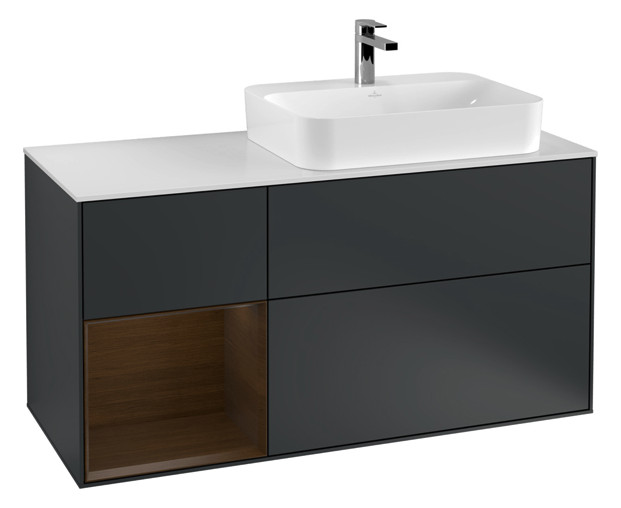V&B Waschtisch-Unterschrank Wandbeleuchtung Finion 120cm, Abdeckplatte white matt, Regal links Walnut veneer, Midnight Blue Matt Lacquer