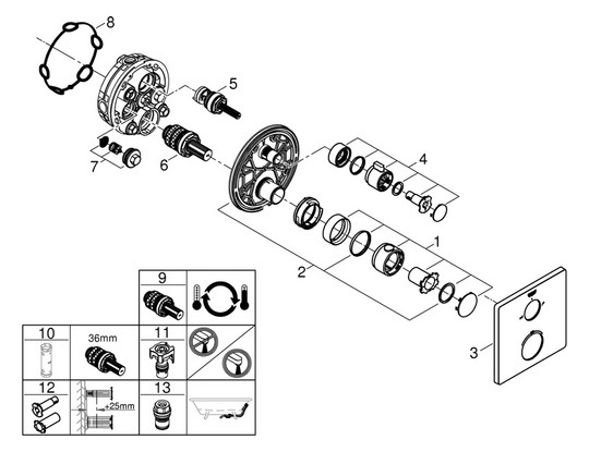 GROHE Fertigmontageset Grohtherm UP-Wannen-Thermostat mit integrierter 2-Wege-Umstellung, eckig, chrom