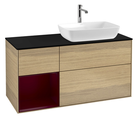 V&B Waschtisch-Unterschrank Finion 120cm, Abdeckplatte black matt, Regal Peony matt lacquer, Oak Veneer