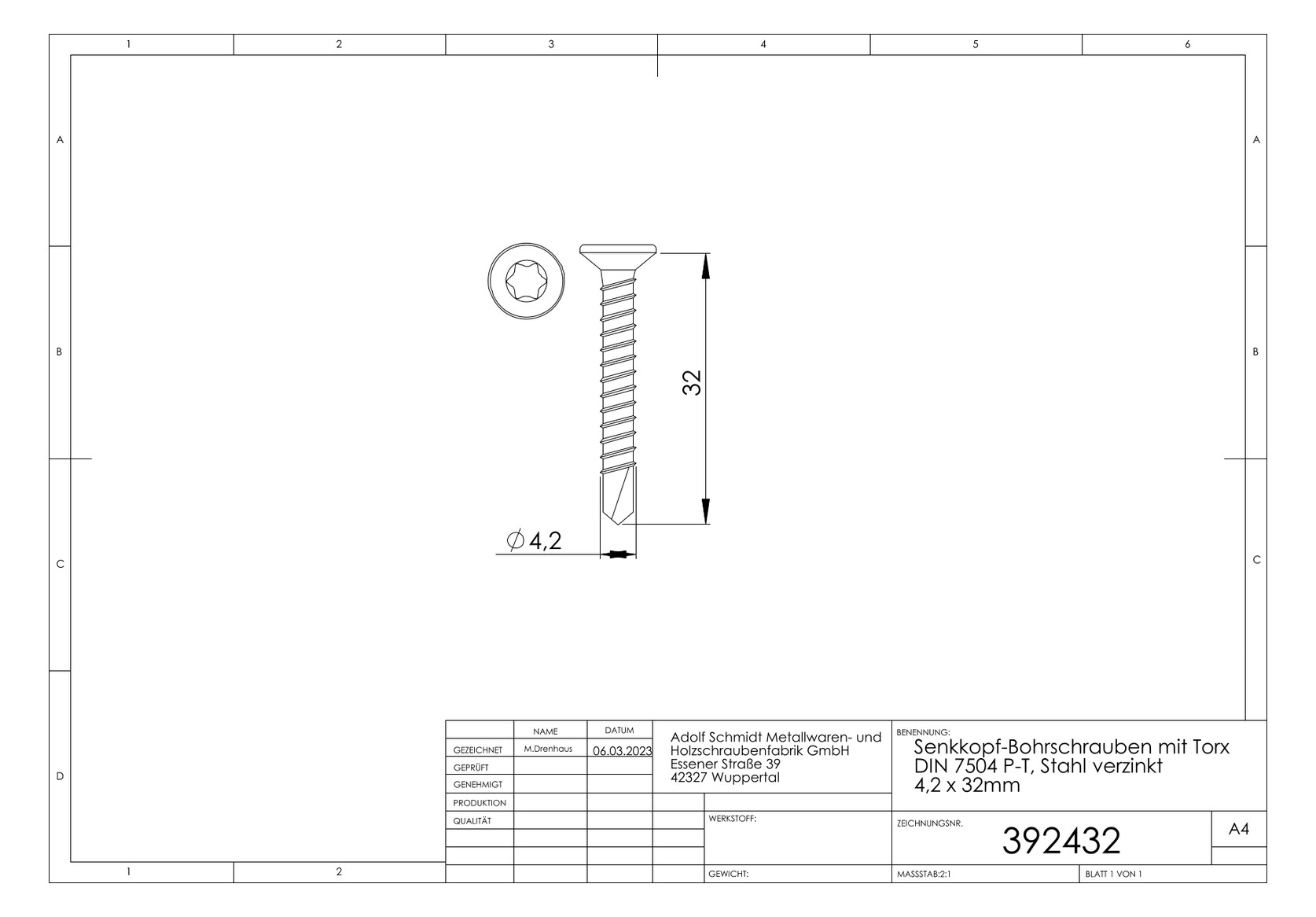 ASW Senkkopf-Bohrschraube 4,2 mm x 32 mm, Eisen verzinkt, gehärtet
