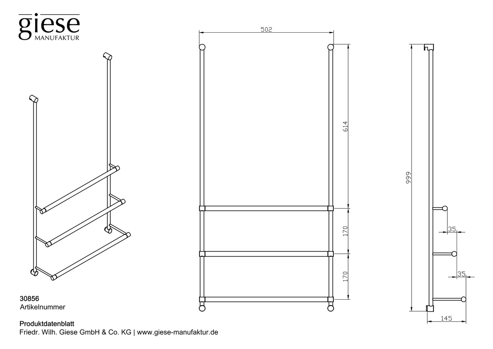 Giese Badetuchhalter Server mit 3 Stangen, 502x999x145mm, schwarz matt
