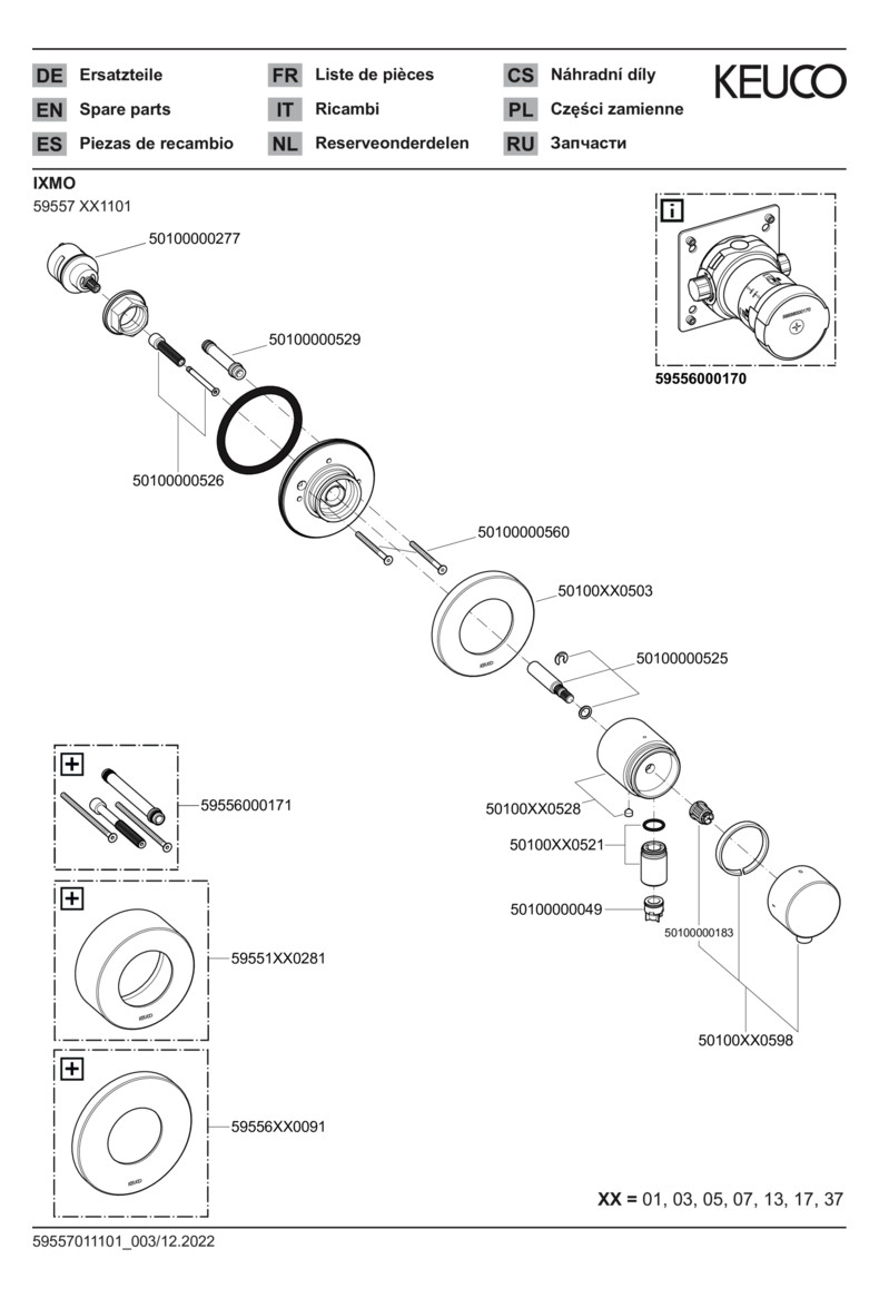 KEUCO Fertigmontageset IXMO UP-Umstellventil, Rosette rund, mit Absperrung, schwarz matt