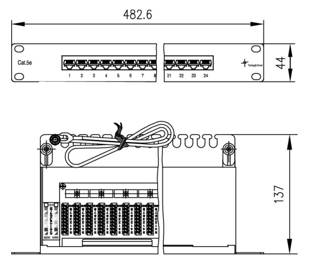 Patchpanel 24Ports 1HE Cat5E 44x482x137mm 19Zoll-Einbau