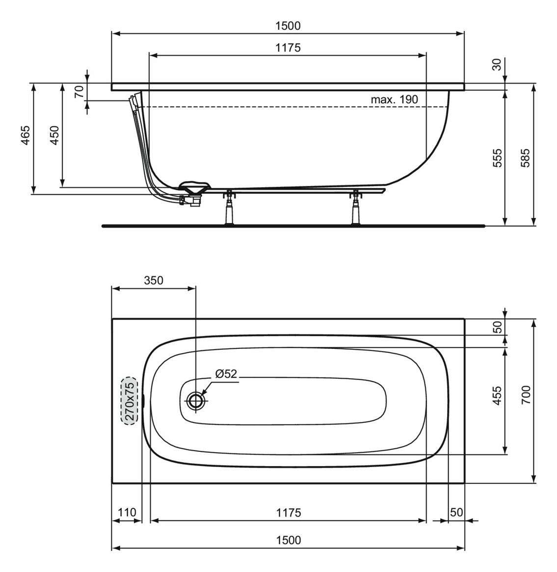 Ideal-Standard Körperform-Badewanne i.life 150 x 70 x 45 cm, weiß