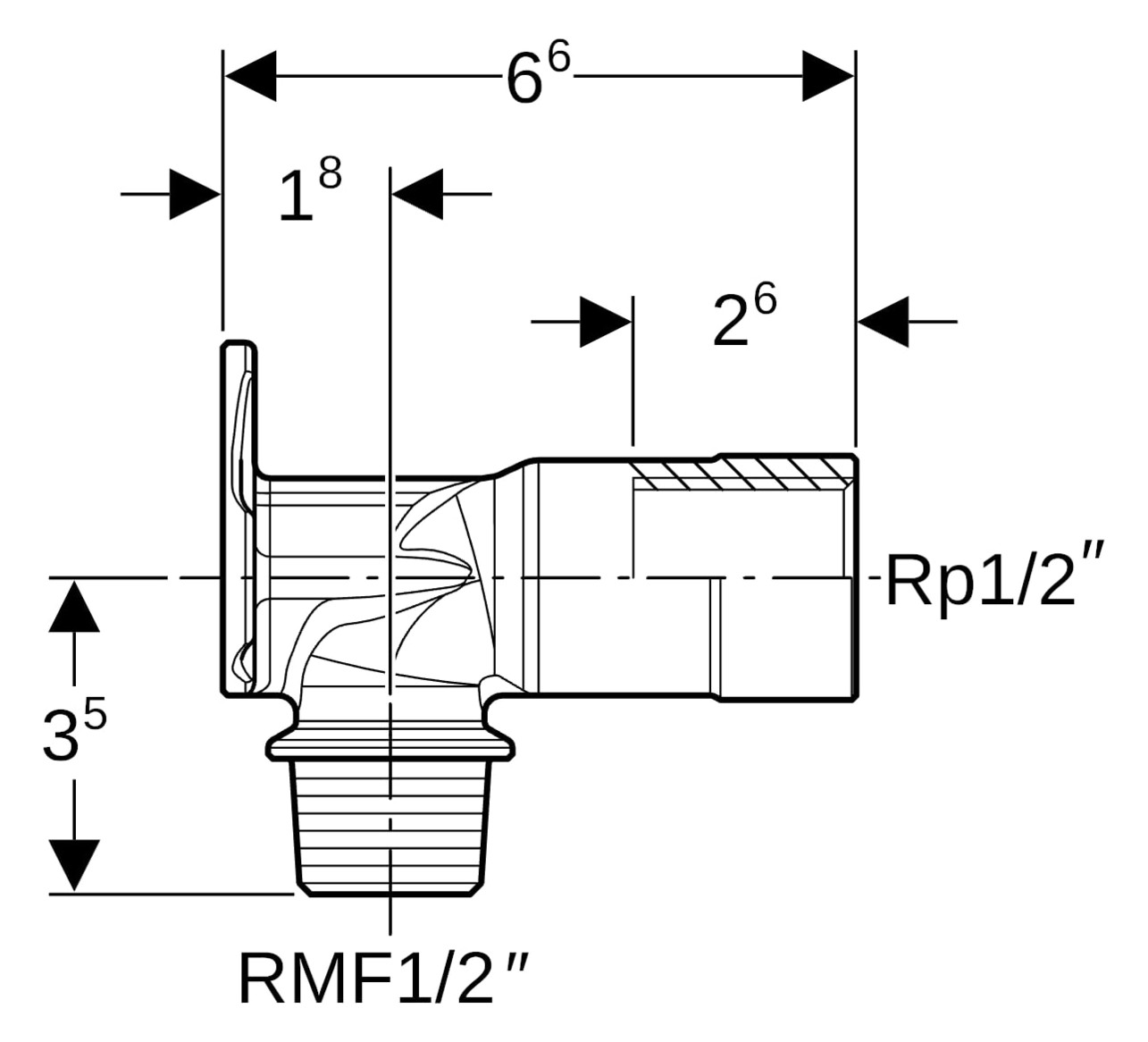 Geberit Anschlusswinkel Rp 1/2 x R MF 1/2 x 6,6 cm, 90Grad, Rotguss