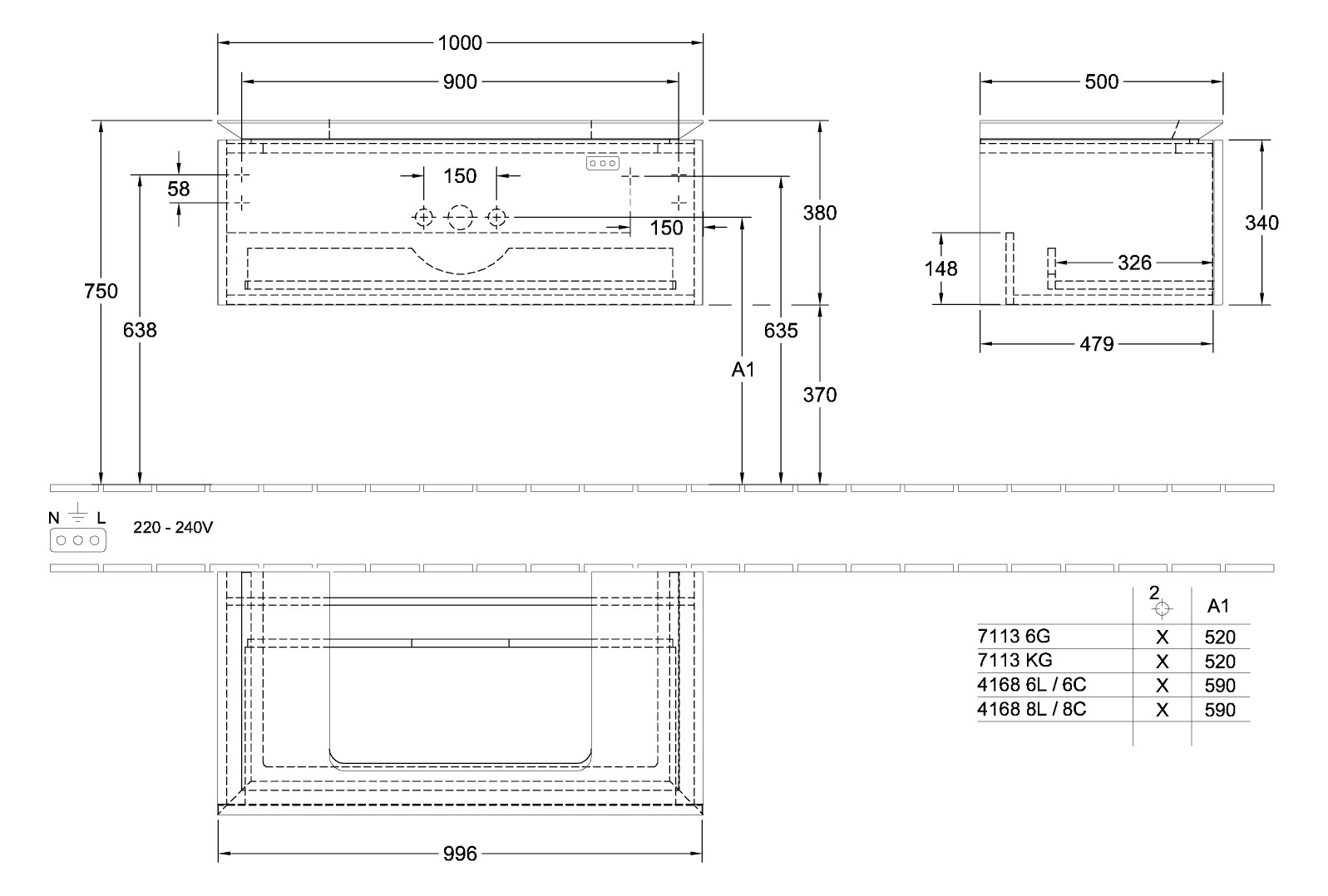 V&B Waschtischunterschrank Legato 100x38x50cm, Waschtisch mittig, Kansas Oak