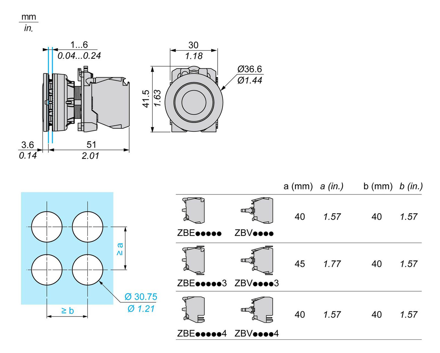 Drucktaster Front 1f ge bel.b Ø30mm rnd Geeignet für Beleuchtung 37x37mm IP66