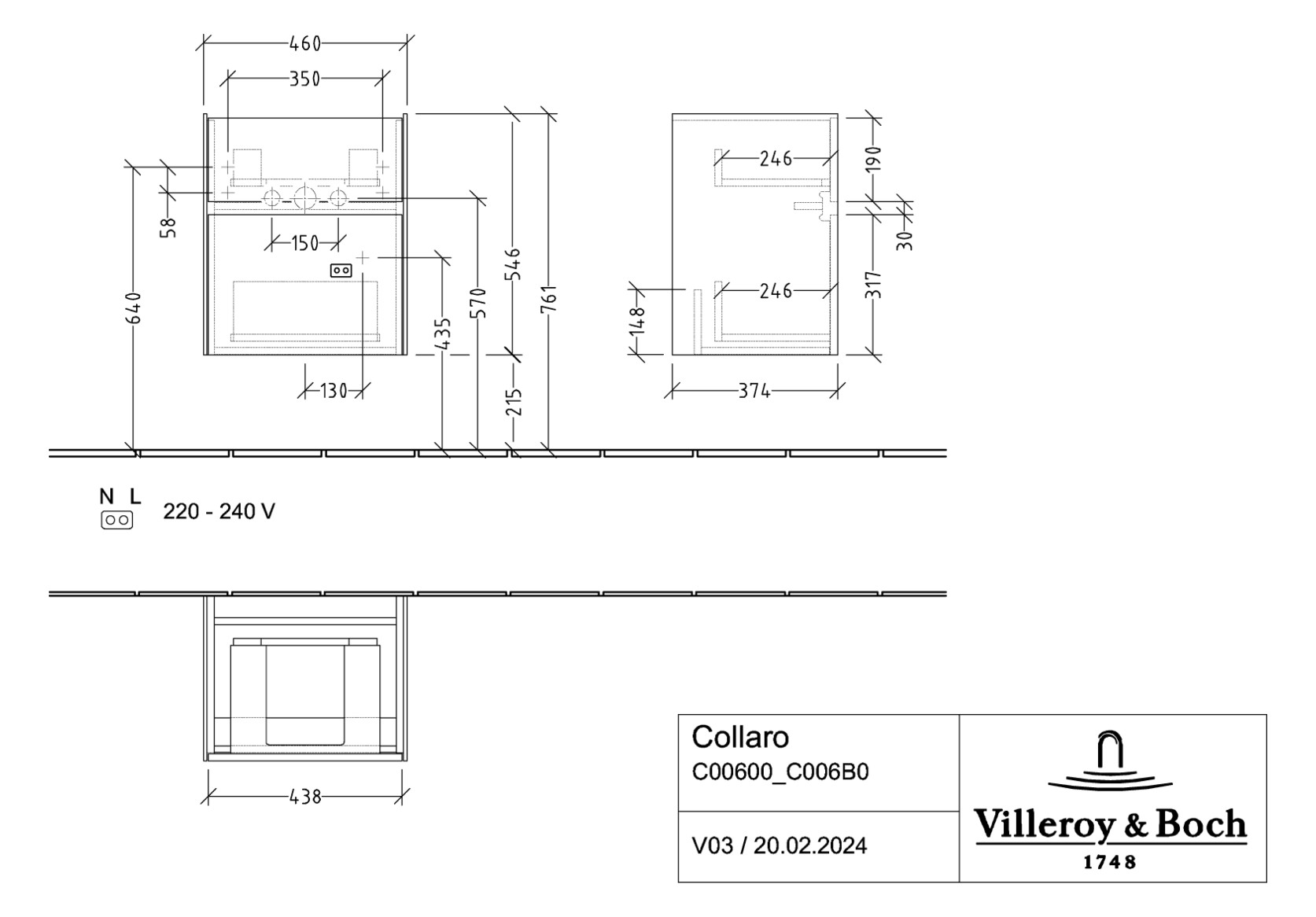 V&B Waschtischunterschrank Collaro 46x54,6x37,4cm, Waschbecken mittig, LED-Beleuchtung, soft grey