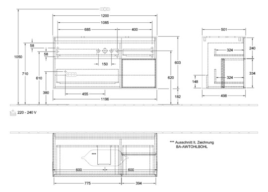 V&B Waschtisch-Unterschrank Finion 120x60,3x50,1cm, Regal rechts Black matt lacquer, Glossy white lacquer