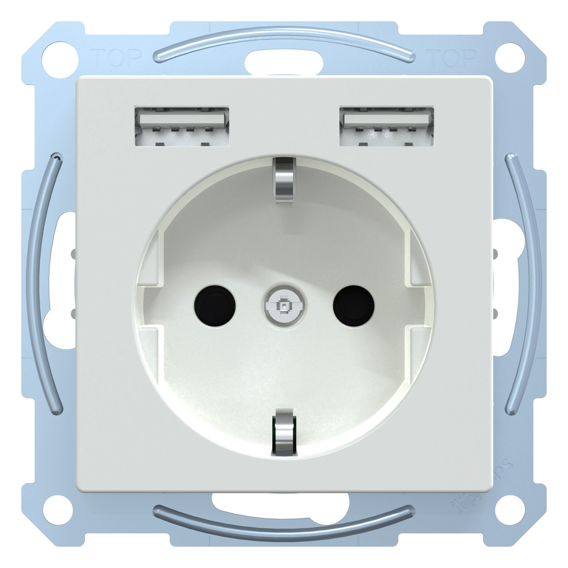 Steckdose 1f akws glz 2USB-A UP m.BS USB IP20 aktivweiß Schutzkontakt Typ F/USB