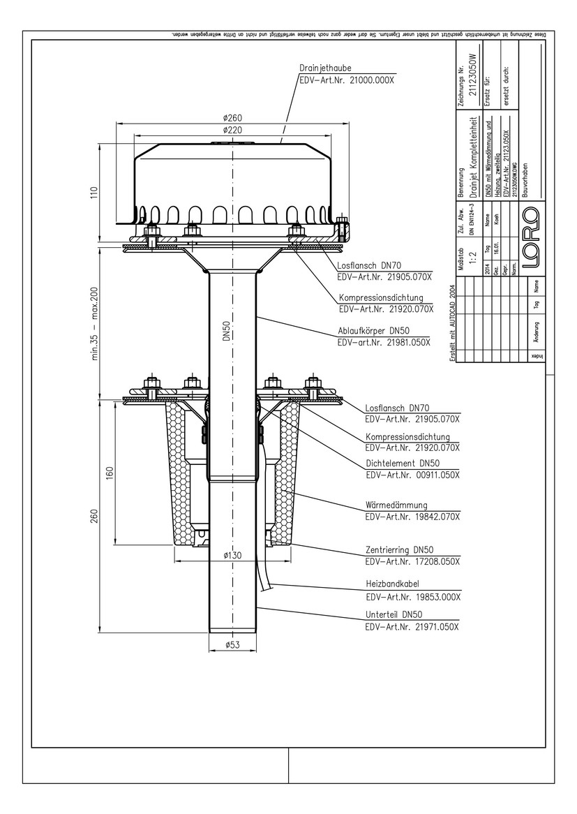 LORO DRAINJET Komplett-Schnellablauf Serie 49 DN 50, Wärmedämmung und Heizung, Klemmflansch, Auslauf senkrecht, zweiteilig, Hauptentwässerung