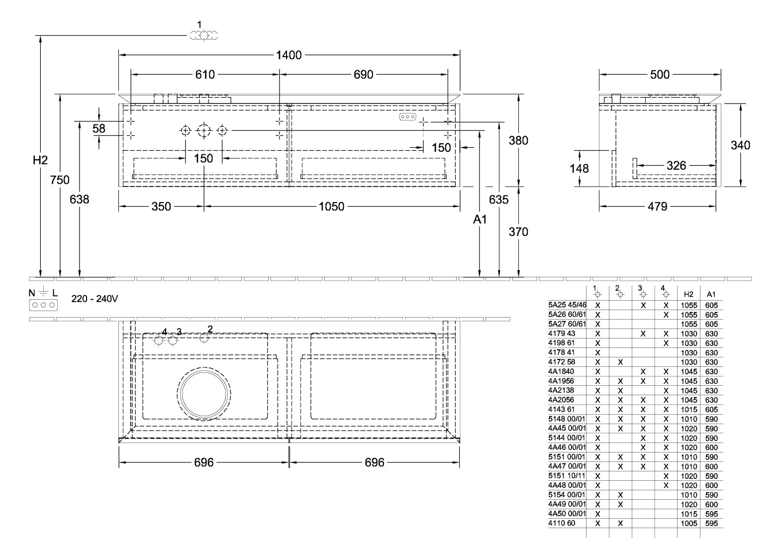 V&B Waschtischunterschrank Legato 140x38x50cm, Waschtisch links, mit LED-Beleuchtung, Stone Oak
