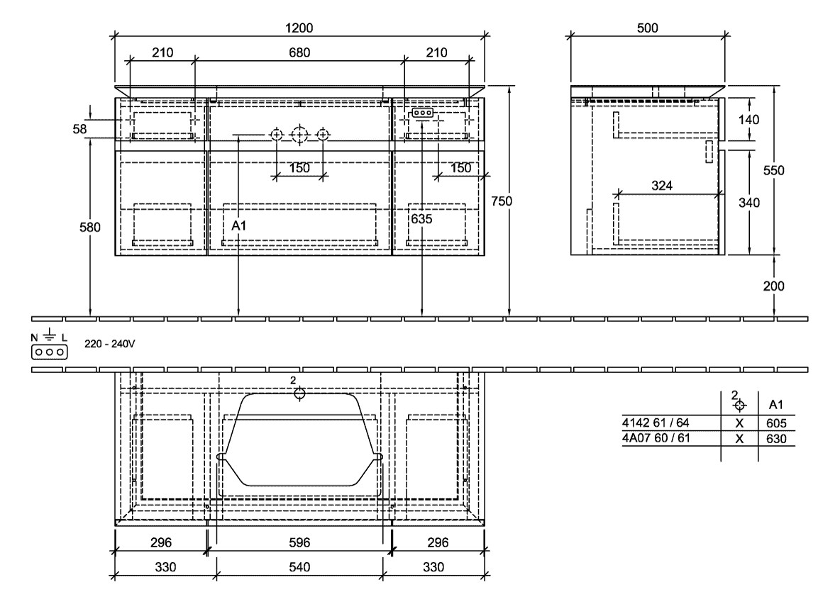 V&B Waschtischunterschrank Legato 120x55x50cm, Waschtisch mittig, Stone Oak