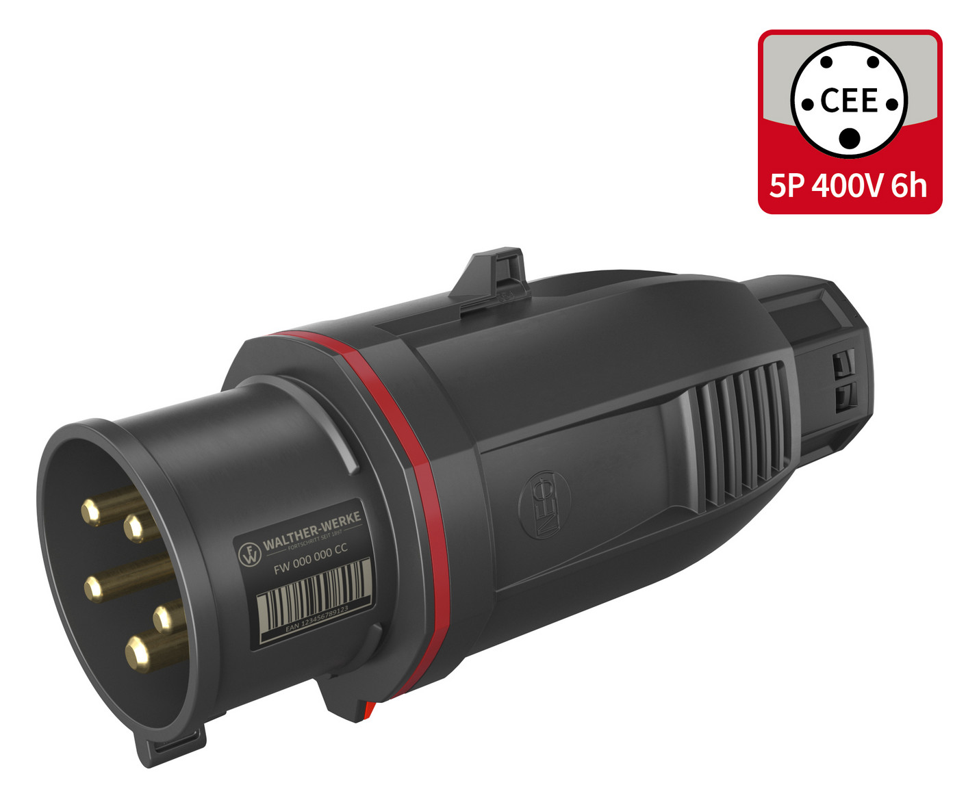 CEE-Stecker 5p 32A IP54 400V/rt 6h Kst schraubl.Kl Knickschutztülle