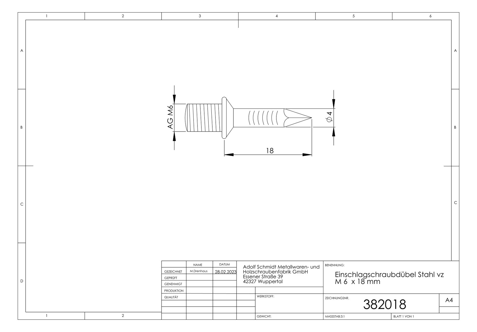 ASW Einschlagschraubdübel M 6 x 18 mm, Stahl verzinkt, mit Außengewinde