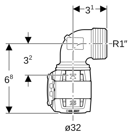 Geberit Übergangsbogen FlowFit Ø 32 mm, R 1, 90Grad, mit Außengewinde