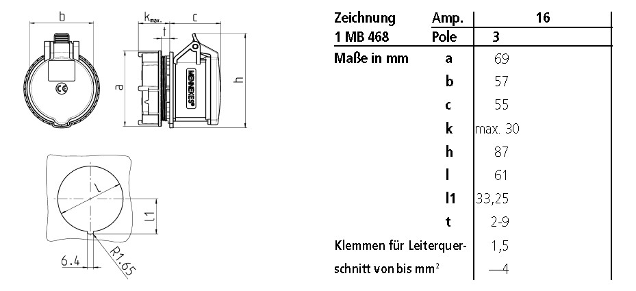 CEE-Anbausteckdose 3p 16A 230V/bl 6h ger IP44 schraubl.Kl Kst