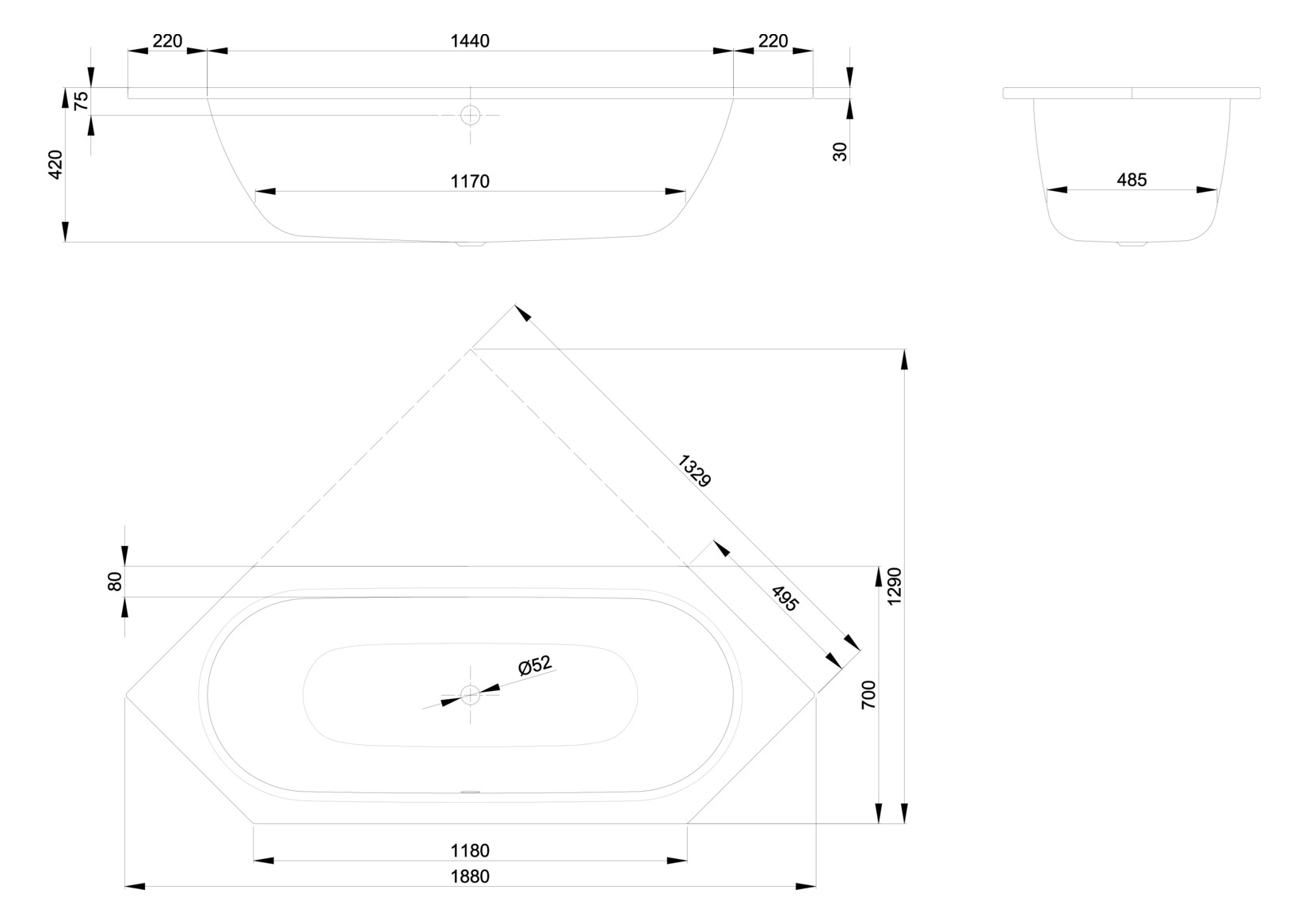 6-Eck-Badewanne BetteStarlet 2040 188x70x42cm, 1 Griff, jasmin
