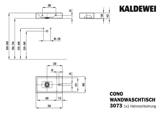 Kaldewei Wandwaschtisch CONO 3073 55x30cm, ohne Überlauf, 1 Hahnloch links, manhattan Perl-Effekt