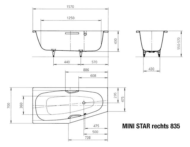 Kaldewei Badewanne MINI STAR rechts 835 157x70/47,5cm, Vollantislip Perl-Effekt, manhattan