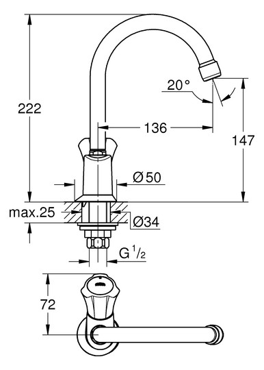 GROHE Standventil Costa 1/2", schwenkbarer Rohrauslauf, Markierung blau, chrom