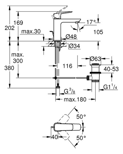 GROHE Waschtisch-Einhebelmischer Cubeo 1/2", M-Size, mit Zugstangen-Ablaufgarnitur, chrom