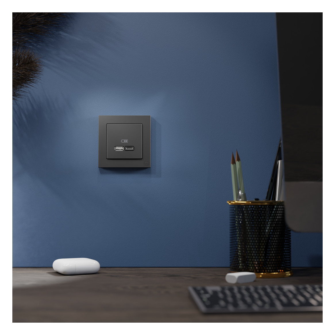 Zentralplatte USB sw einrasten m.Aufdr m.Beschr.Feld