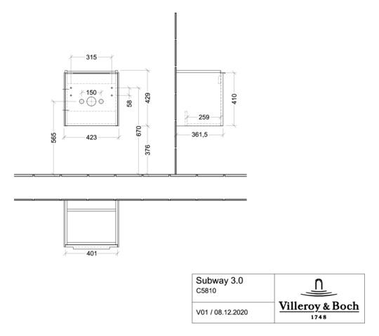 V&B Waschtisch-Unterschrank Subway 3.0 42,3x42,9x37,8cm, Schanier links/Griff Volcano black, kansas oak