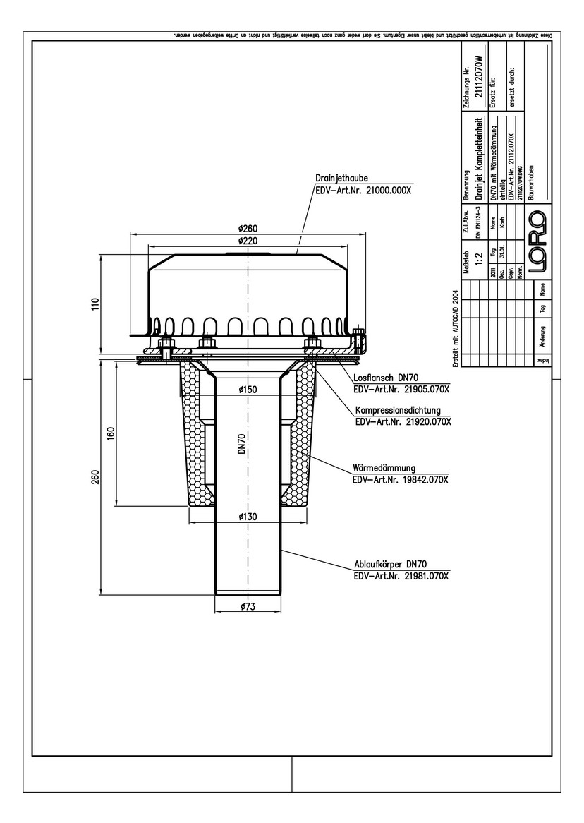 LORO DRAINJET Komplett-Schnellablauf Serie 49 DN 70, Wärmedämmung, Klemmflansch, Auslauf senkrecht, einteilig, Hauptentwässerung