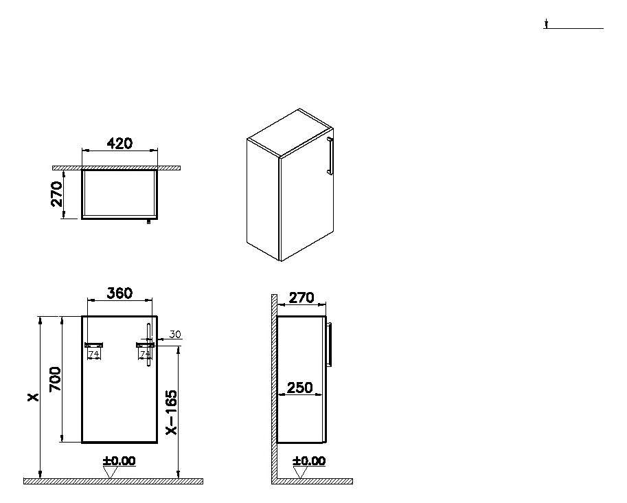 VitrA Bad Halbhochschrank Root Flat Compact 42x27x70cm, 1 Tür, Türanschlag links, Korpus Sturmgrau Matt