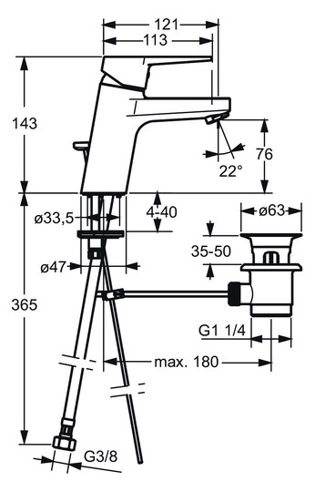 HANSA Waschtisch-Einhebelmischer HANSATWIST mit Ablaufgarnitur, Ausladung 121mm, chrom