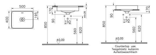 VitrA Bad Unterbauwaschtisch New Metropole 50x40x17cm, rechteckig, ohne Hahnlochbank, edelweiß vc, mit Überlaufschlitz
