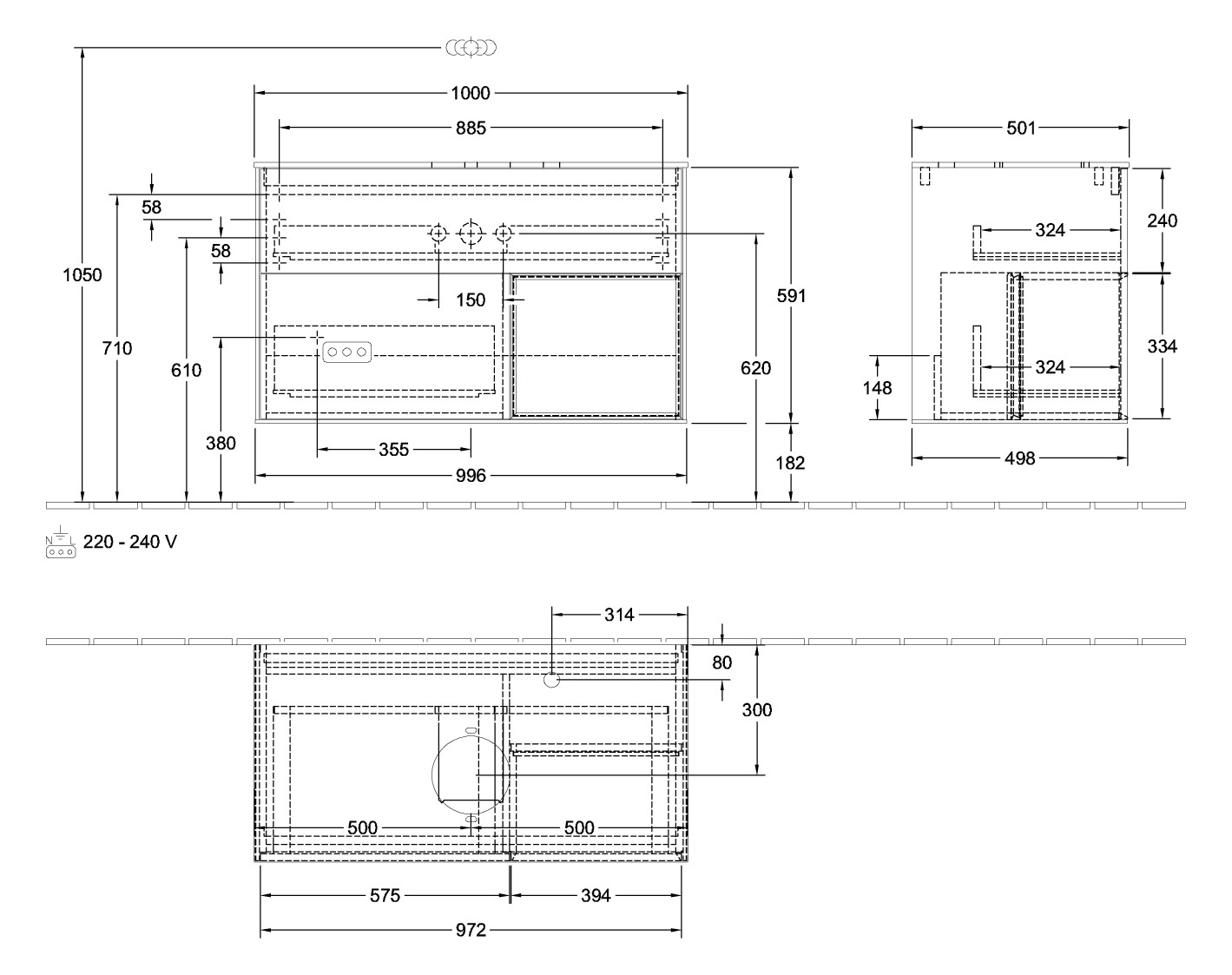 V&B Waschtisch-Unterschrank Finion 100cm, Abdeckplatte white matt, Regal Walnut Veneer, Oak Veneer