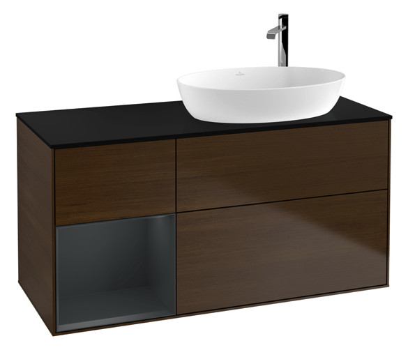 V&B Waschtisch-Unterschrank Finion 120cm, Abdeckplatte black matt, Regal Midnight matt lacquer, Walnut veneer V&B Waschtisch-Unterschrank Finion 120cm, Abdeckplatte black matt, Regal Midnight matt lacquer, Walnut veneer