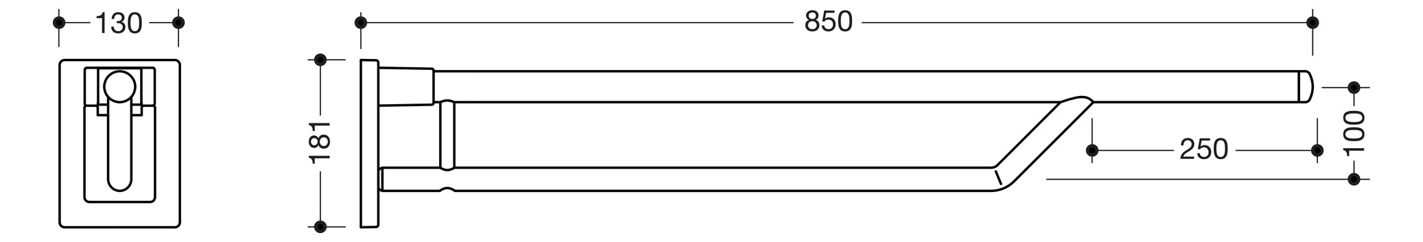 HEWI Stützklappgriff Duo Warm Touch Ausladung 850 mm, mobil, Kunststoff Chromoptik