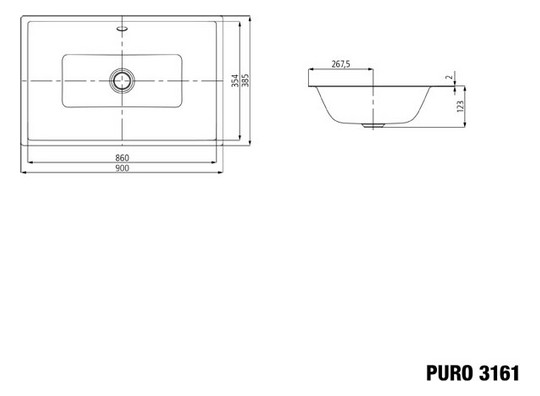 Kaldewei Unterbau-Waschtisch PURO 3161, 90 x 38,5 cm, cool grey 90 Perl-Effekt, mit Überlauf, ohne Hahnloch