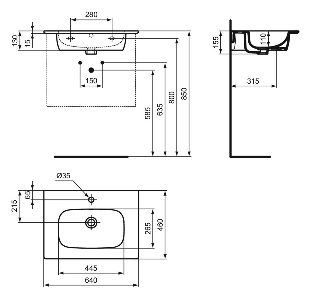 Ideal-Standard Möbelwaschtisch-Paket i.life A 64x46x64,5cm, 1 Hahnloch, Griff schwarz matt, coffee oak