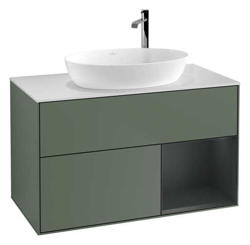 V&B Waschtisch-Unterschrank Finion 100cm, Abdeckplatte white matt, Regal Midnight matt lacquer, Olive Matt Lacquer