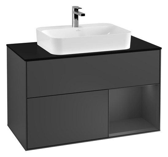 V&B Waschtisch-Unterschrank Finion 100cm, Abdeckplatte black matt, Regal rechts Anthracite matt, Anthracite matt