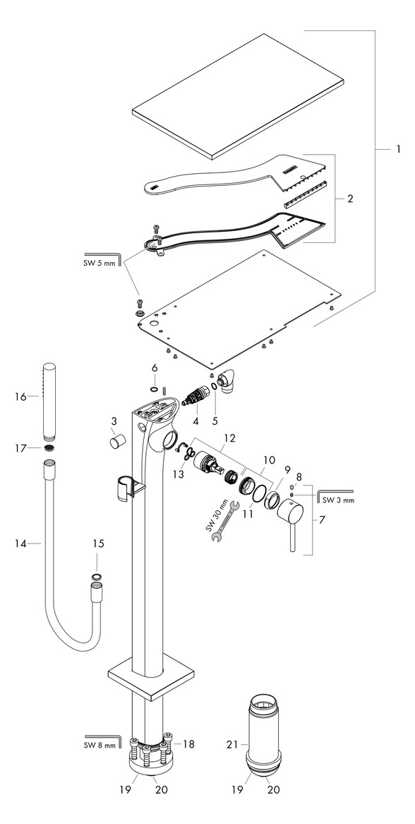 hansgrohe Fertigmontageset Axor Massaud Wannen-Einhebelmischer, bodenstehend, brushed brass